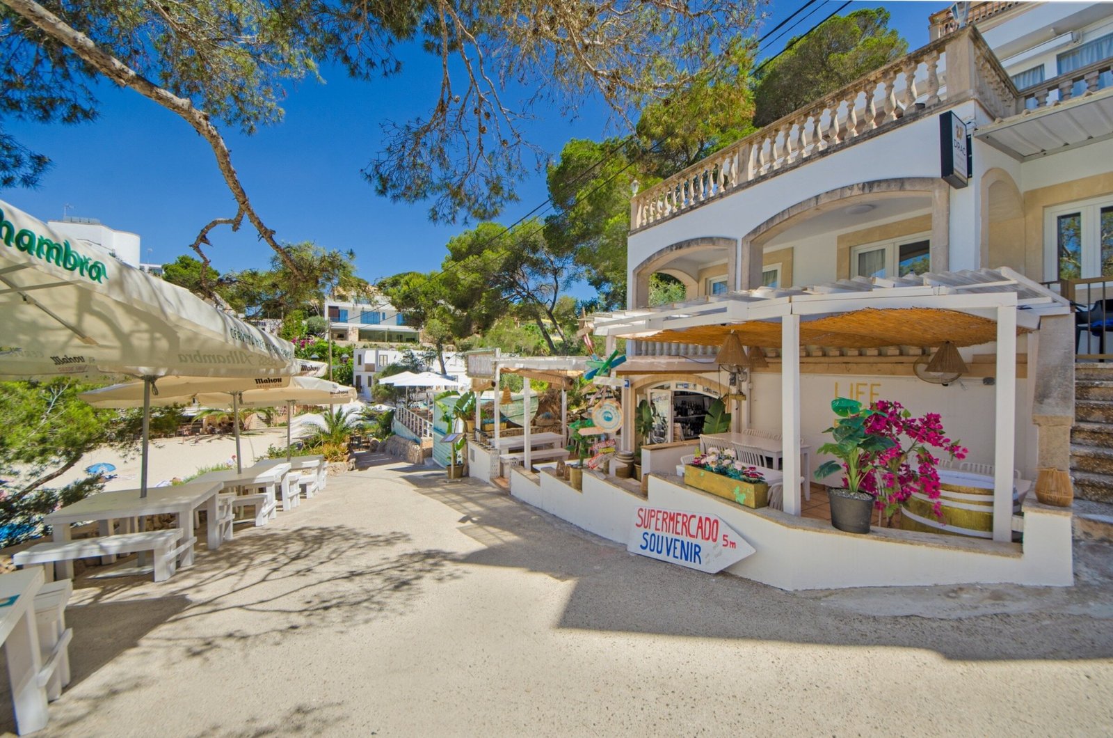Pérgola y sombrillas a pie de playa en Café Drac
